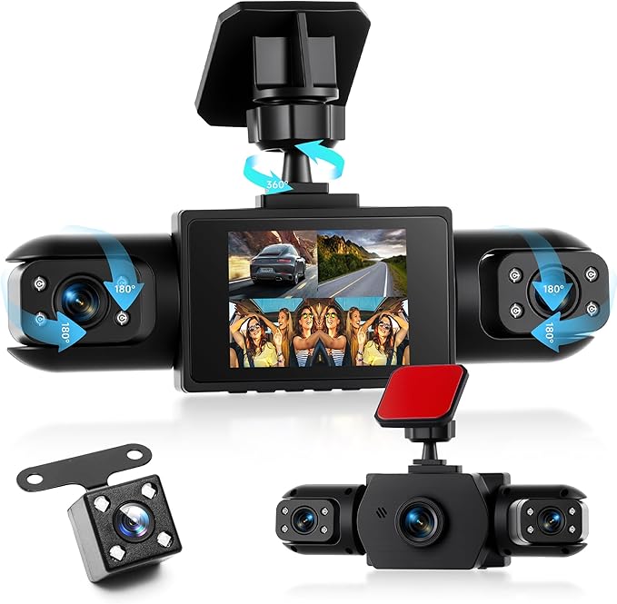 4 Channel 360° Dash Cam Front and Rear Inside Left Right, 2 Inch Dash Camera for Cars, Built-in Night Vision, Sensitive Motion Detection 24/7 Recording Parking Mode Monitor Reversing Help