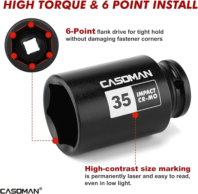 CASOMAN 1/2” Drive Deep Big Impact Socket Set, 21 - Piece Large Spindle Axle Nut Impact Wrench Socket Set, 6 Point, CR-MO, Metric & SAE, 27mm - 41mm, 1-1/16" - 1-5/8"