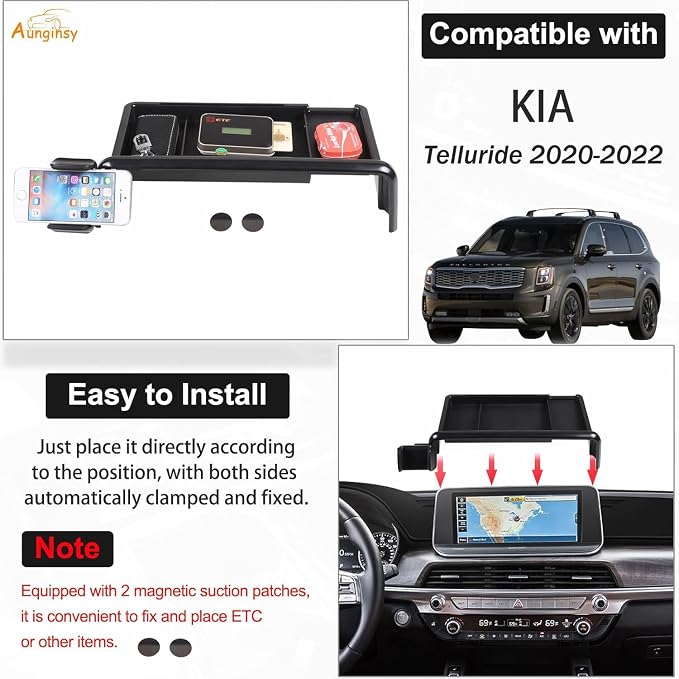 Aunginsy Center Console Dash Storage Tray Compatible with Kia Telluride 2020-2022, Dashboard Multi-Functional Phone Holder Storage Box, Dash Organizer Tray Insert with Mobile Phone Mount Accessories