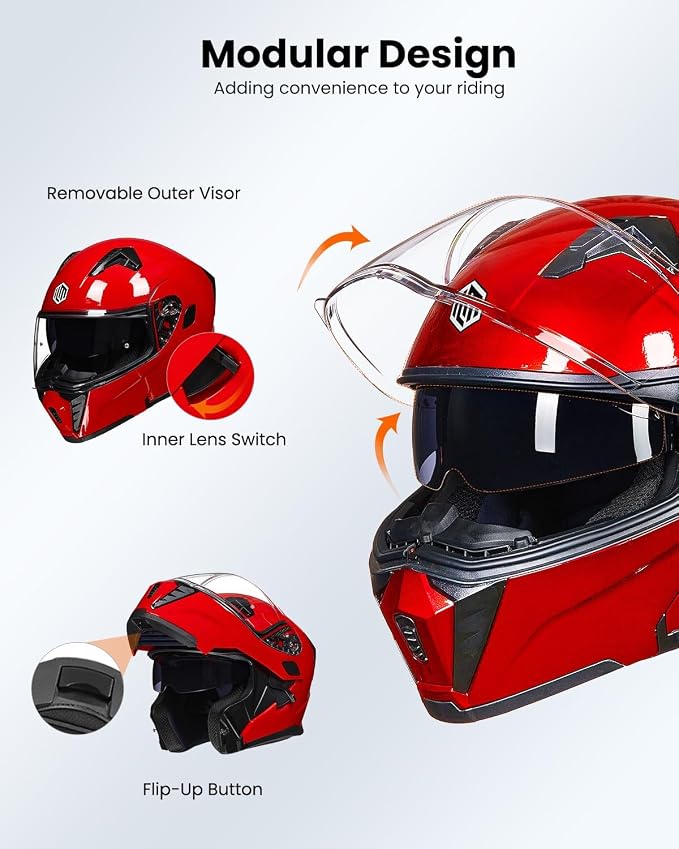 ILM Motorcycle Modular Full Face Helmet for Adult Flip up Dual Visor LED Tail Light Optional DOT