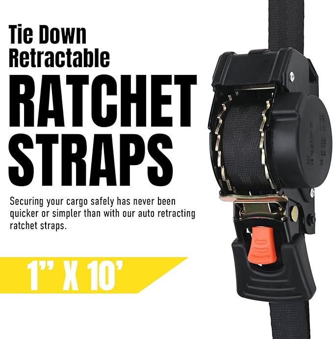 Stay There Retractable Ratchet Straps (2-Pack) - 1 Inch x 10 Feet (1800lb Break Strength) - Heavy Duty Auto Self Retracting Tie Down Straps for Truck, Cargo Trailer, Motorcycle & More - Black
