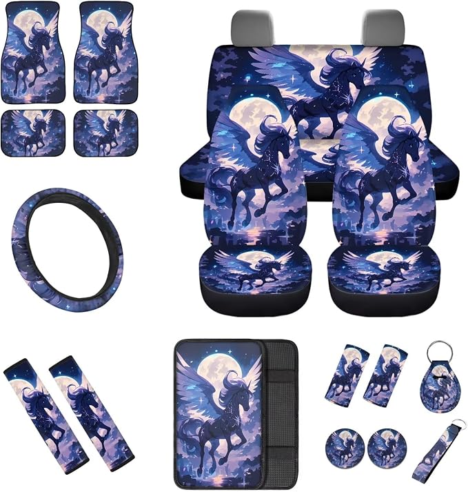 Beautiful Moon Pegasus Car Interior Accessories Set for Women, 18 Pcs Car Seat Covers with Steering Wheel Cover Floor Mats Armrest Pad Seat Belt Pads Handle Wraps Cup Coaster Keychain