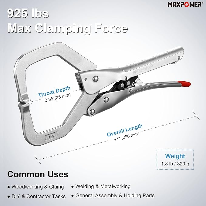 MAXPOWER 11-Inch Self-Adjusting Locking C-Clamp, Regular Tips, 3.35" Throat Depth, 3.7" Jaw Capacity C Clamp Locking Pliers, 925 lbs Maximum Clamping Force