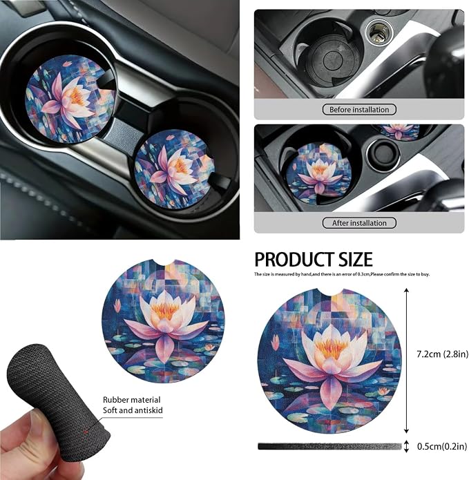 Lotus Digital Painting Pattern Auto Accessories Set of 15, Car Seat Cover Steering Wheel Cover Seat Belt Cover Air Vent Storage Bag Keychain Trash Bin and Mirror Cover