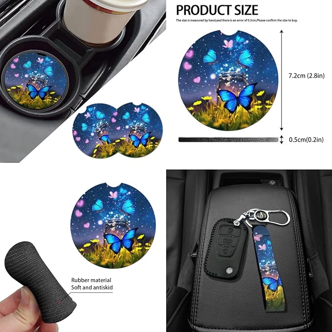 Blue Butterfly Car Seat Covers Sets 14pcs,Flower Butterfly Car Mirror Covers+Coaster+Butterfly Keychain+Gear Shift Knob Handbreak Cover+Seatbelt Pads for Women Vehicle Decor