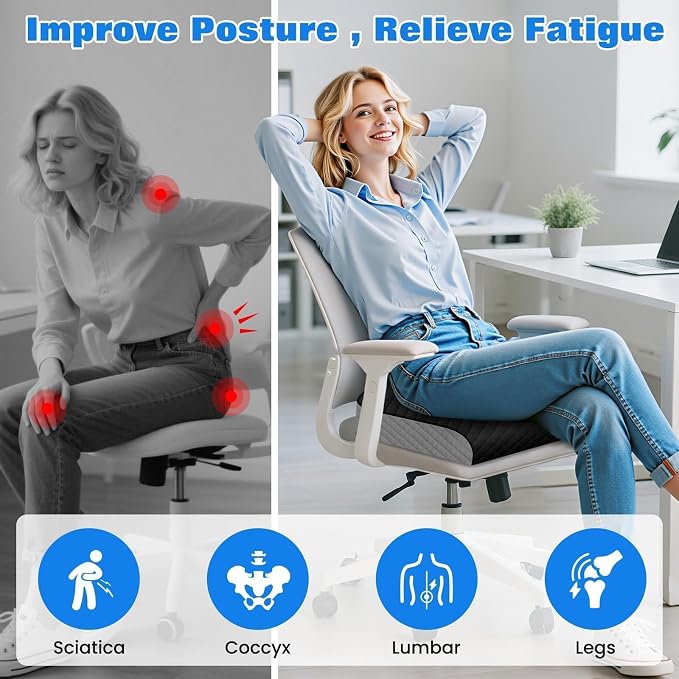 Seat Cushion, Memory Foam Chair Pad for Sciatica & Hip Pain Relief, Non-Slip Cushion for Office, Home, Car, Large Desk Chair Cushion, Washable Cover & Handle, Large, Black
