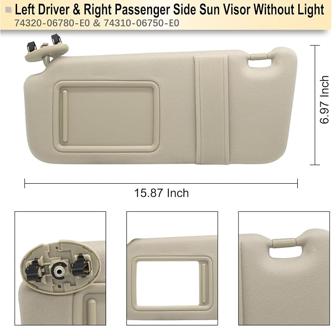 NHILES Left Driver & Right Passenger Side Sun Visor Compatible with Toyota Camry Without Light 2007 2008 2009 2010 2011 Replaces# 74320-06780-B0 0400230506B0 74310-06750-E0 Color Beige