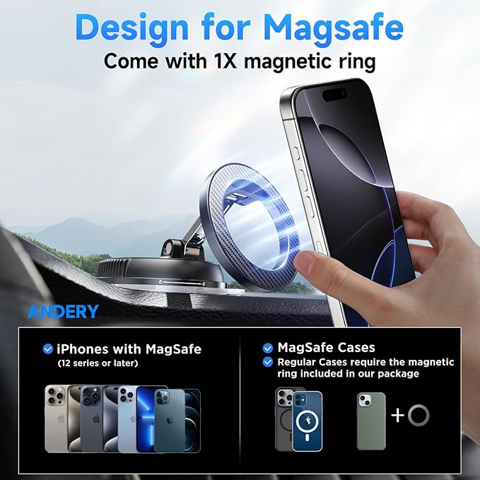 ANDERY Car Phone Holder for Magsafe [78+LBS Strongest Suction & 2400gf Magnetic] 360° Adjustable Car Phone Mount, Phone Holders for Your Car for iPhone 17 Pro Max 16 15 14 13 12 Plus Air, Carbon Fiber