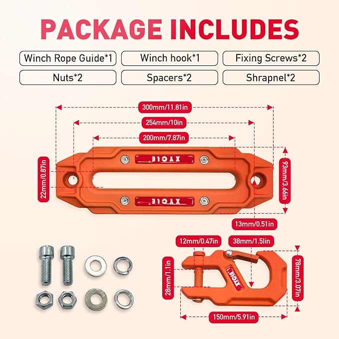 Winch Fairlead with Tow Hook, Orange, 10 in. (254 mm) | Synthetic Rope Fairlead, Forged Winch Hook, 10000 lb - 20000 lb Towing, For SUV Truck Trailer Jeep, Electric Winches