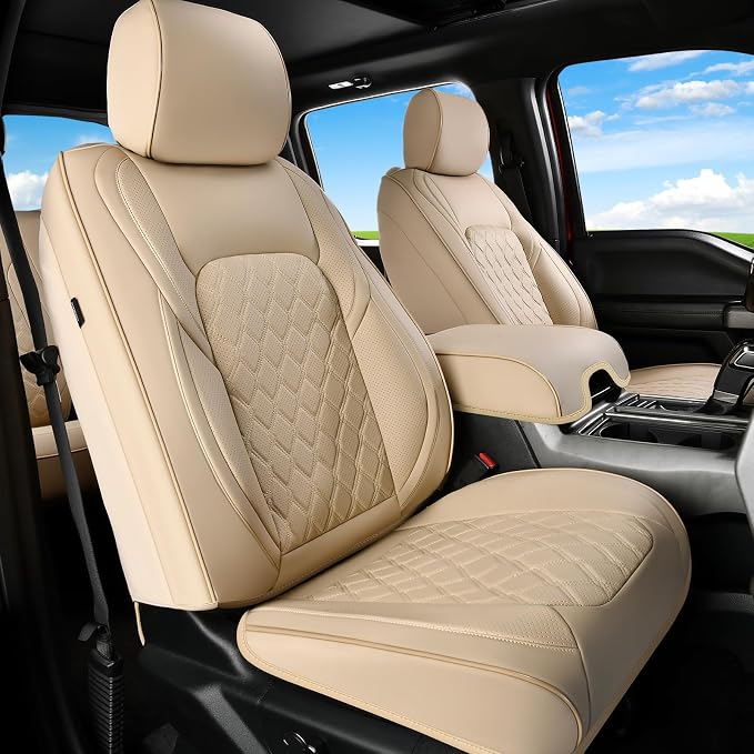 Huidasource F150 F250 F350 Front&Rear Leather Seat Covers Fit for 2015-2026 Ford F150 SuperCrew & 2017-2026 F250 F350 F450 Super Duty Crew Cab XL XLT Lariat King Ranch Platinum(Full Set/Beige)