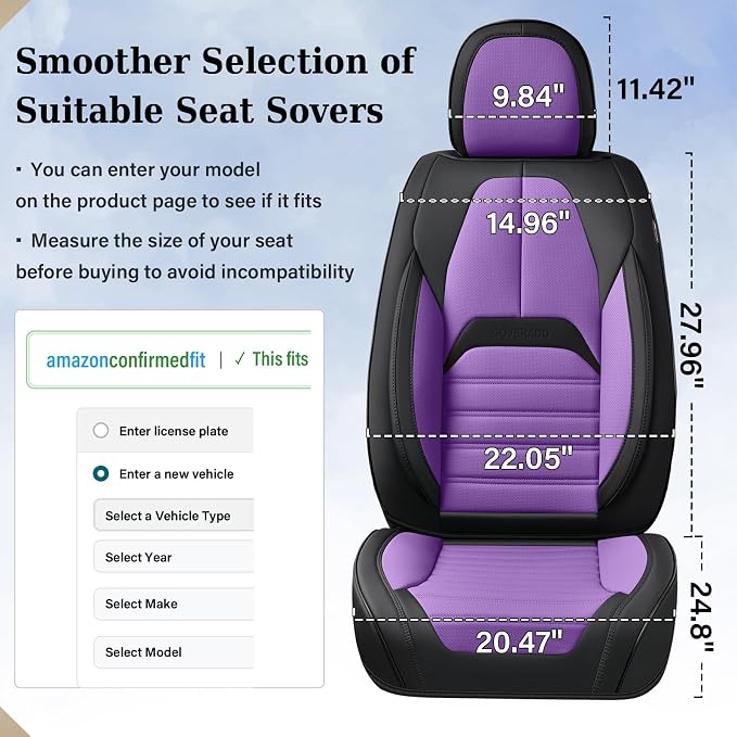 Coverado Waterproof Nappa Leather Car Seat Covers, Automotive Seat Covers，Front Car Seat Cushion & Car Seat Protector, Seat Covers Universal Fit for Most Cars, SUVs,Trucks,Black&Purpe