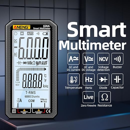 Digital Multimeter 6000 Counts Auto Ranging Voltmeter with LCD,Measures Ac/DC Current,Voltage,Resistance Temperature, for Electricians,DIY (620A Black)