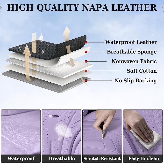 Coverado Seat Covers Full Set, Waterproof Car Seat Covers, Leather Seat Cover for Cars, Front and Back Car Seat Protector, Universal Car Seat Cushions Automotive Accessories Fit for Most Cars, Purple