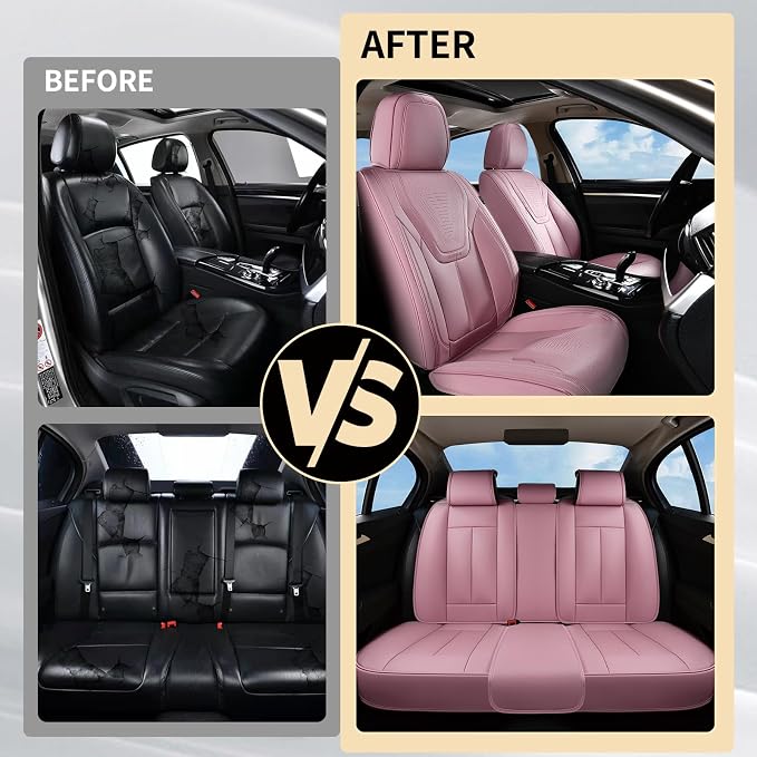 FLORICH Front Car Seat Covers, Luxury Waterproof Faux Leather Seat Covers Cushion, Breathable Car Seat Cover Protectors Universal Fit for Most 5 Seats Vehicles - Pink