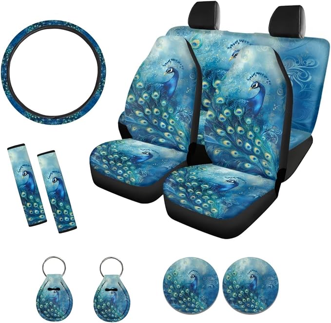 Suobstales Blue Peacock Print Car Seat Covers Front Back Split Bench Protector for SUV Truck Van, 15 Inch Steering Wheel Covers, Seat Belt Covers, Coasters, Keychain Auto Decor for Women Men