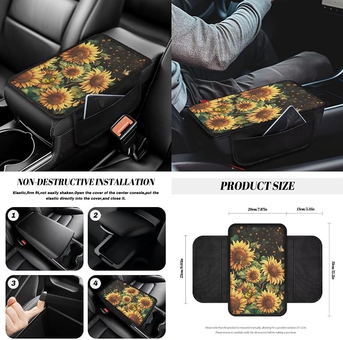 Sunflower Print Full Set Car Seat Covers with Accessories Decorative Front and Rear Split Bench Seat Covers Steering Wheel Cover Armrest Cushion Universal Fit Sedan SUV Truck