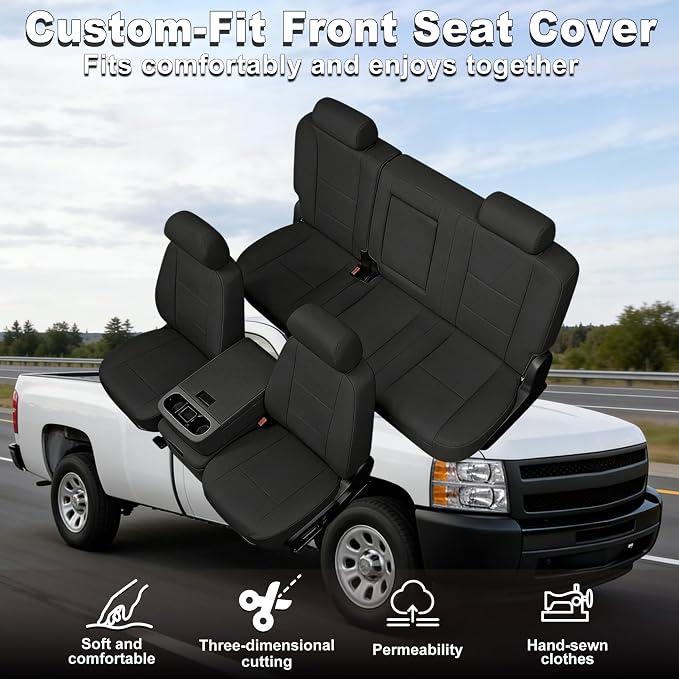 Seat Covers for Chevy Silverado & GMC Sierra 1500/2500HD 2007-2013 Heavy Duty Cloth Protector Interior Accessories，Waterproof & Machine Washable-Black (Front & Rear)