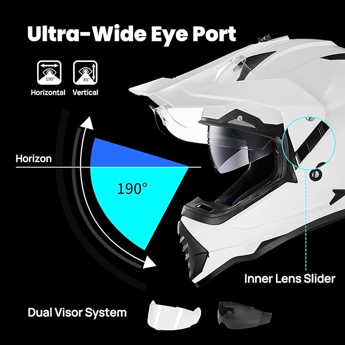 ILM Dual Sport Adventure Motorcycle Helmet with Pinlock Compatible Sun Visor Snowmobile ATV Dirt Bike Off Road Casco Model WS902 (White, L)