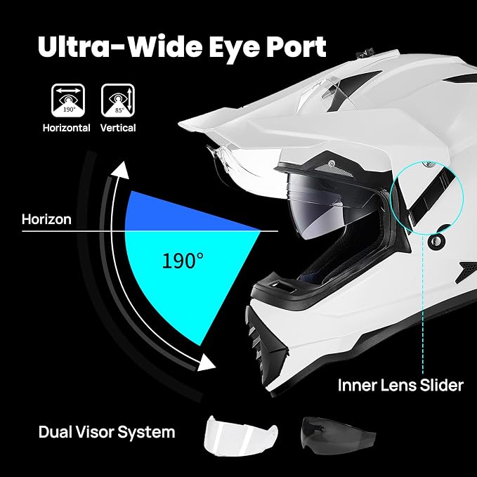 ILM Dual Sport Adventure Motorcycle Helmet with Pinlock Compatible Sun Visor Snowmobile ATV Dirt Bike Off Road Casco Model WS902 (White, M)
