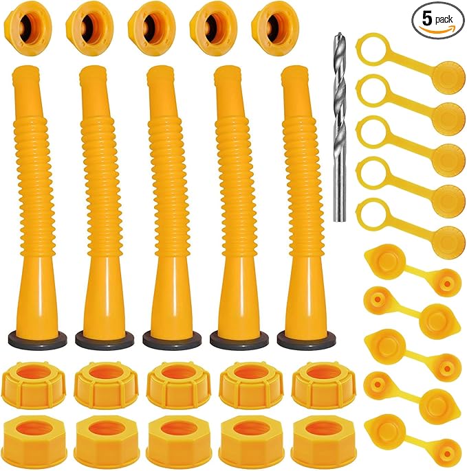 Gas Can Spout Replacement Kit, Gas Can Nozzle Replacement (5 Kit-Yellow) All gaskets are installed and ready to use upon receipt. For 1/2/5/10 gallon gas can. Easy and convenient to use