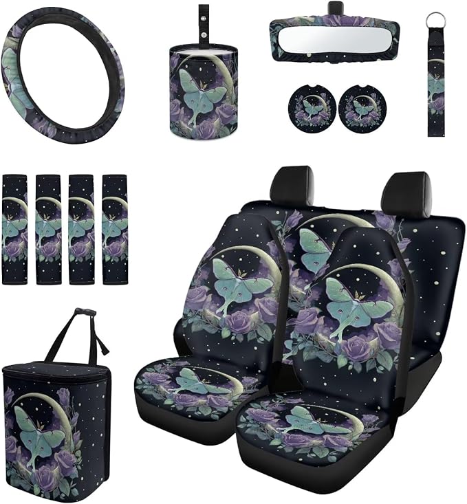 15 Pcs Moon Moth Auto Interior Accessories Car Seat Covers with Auto Steering Wheel Cover Seat Belt Covers Car Trash Can View Mirror Cover Coaster Keychains