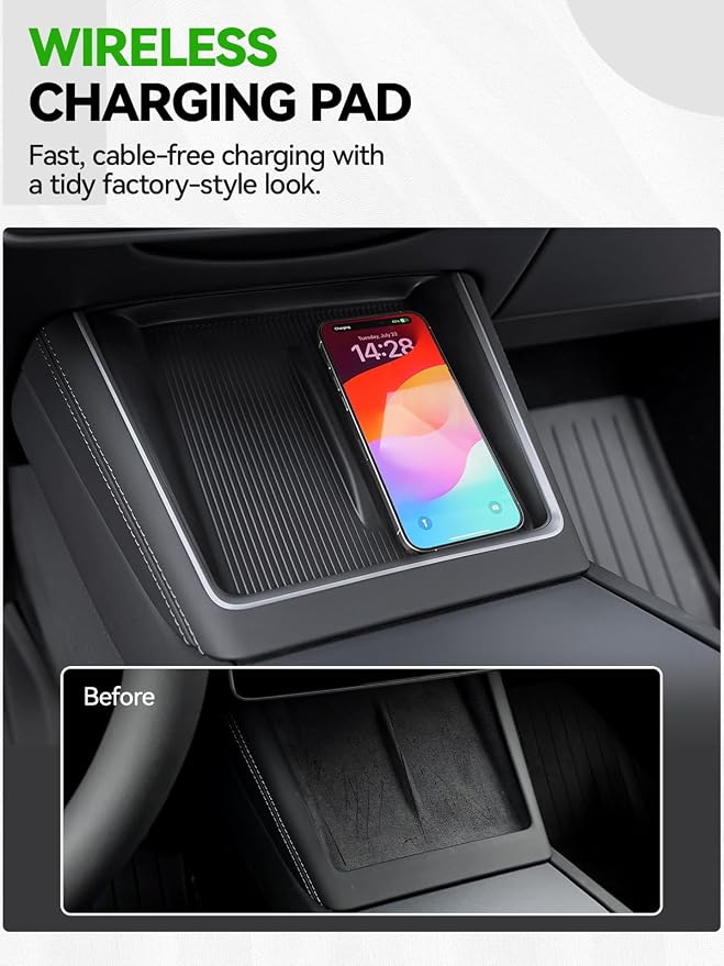 9PCS Center Console Organizer Tray for 2024 2025 2026Tesla Model 3 Accessories, Armrest Hidden Storage Box CupHolder Charger Pad for Tesla Model 3 Highland