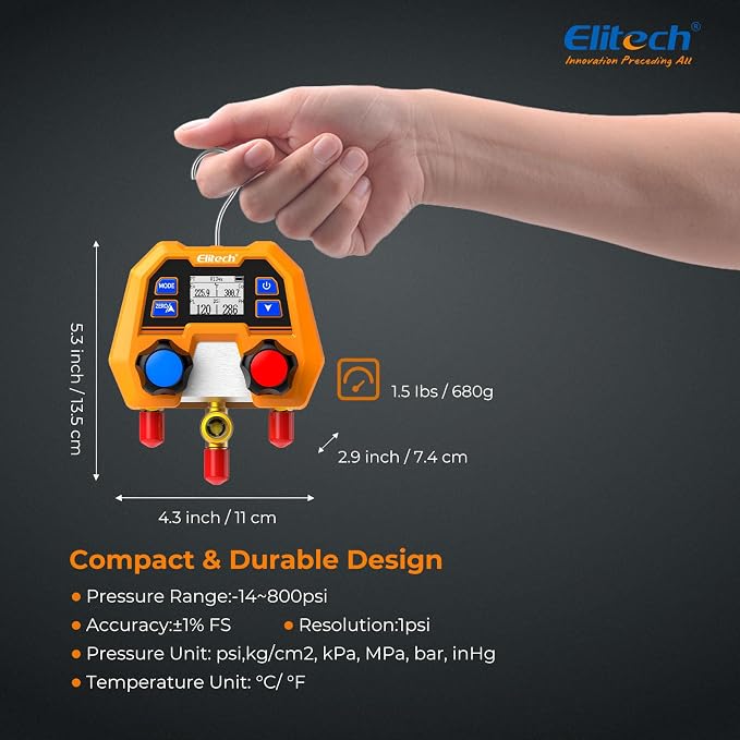 Elitech HVAC Gauge Set, Digital Manifold Gauge Set for HVAC & Automotive Systems, Supports 88 Refrigerants, DMG-2SE with 3 Color Hoses & 2 R410A Adapters