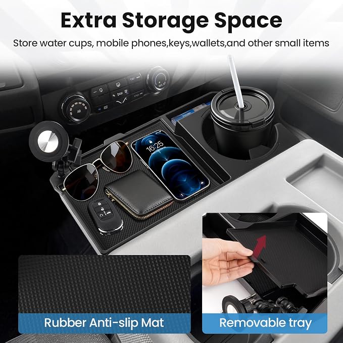FIILINES Front Center Seat Headrest Organizer for 2011-2025 Ford F150 F250 F350 F450 F550 F650 Accessories, Coin Storage Box with Phone Holder and Large-Capacity Cup Holder (Jump Seat Only)