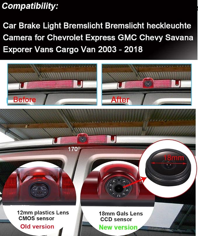 Super HD Car Third Roof Top Mount Brake Lamp Camera Brake Light Rear View Backup Camera+7" LCD Car Dashboard Color Monitor for Chevrolet Express GMC Savana Vans Exporer Vans Cargo