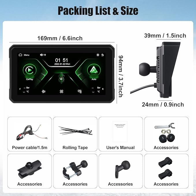 SIXWIN Wireless Motorcycle CarPlay Android Auto 6 Inch Car Play Moto Support TPMS Bluetooth IP68 Waterproof for Motorbike GPS Navigation,Siri,Google Assistant