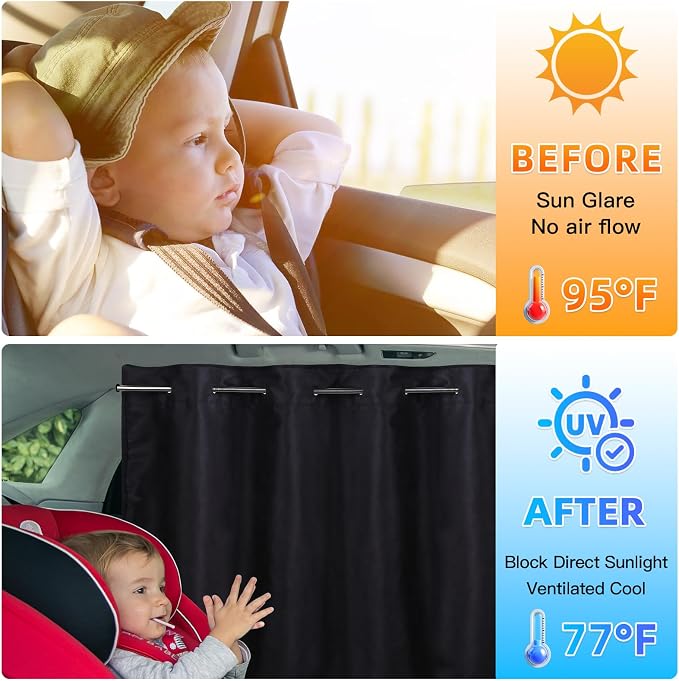 ZATOOTO Car Window Shades Set of 3, Side & Back Window Blackout Car Divider Curtains, Opaque Suede, Totally Blackout, Adjustable Length for Most Cars, Sedans, Vans & SUVs