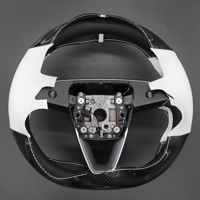 MEWANT Stitching White Faux Leather PU Carbon Fiber Steering Wheel Cover for Tesla Model 3 Highland 2025 Model Y Juniper