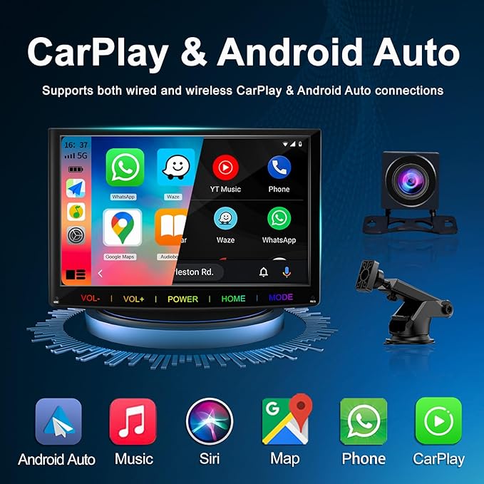 7-Inch Wireless Apple CarPlay & Android Auto Portable Car Screen, Auto Brightness Adjustment, Supports HD Video, with HD Backup Camera