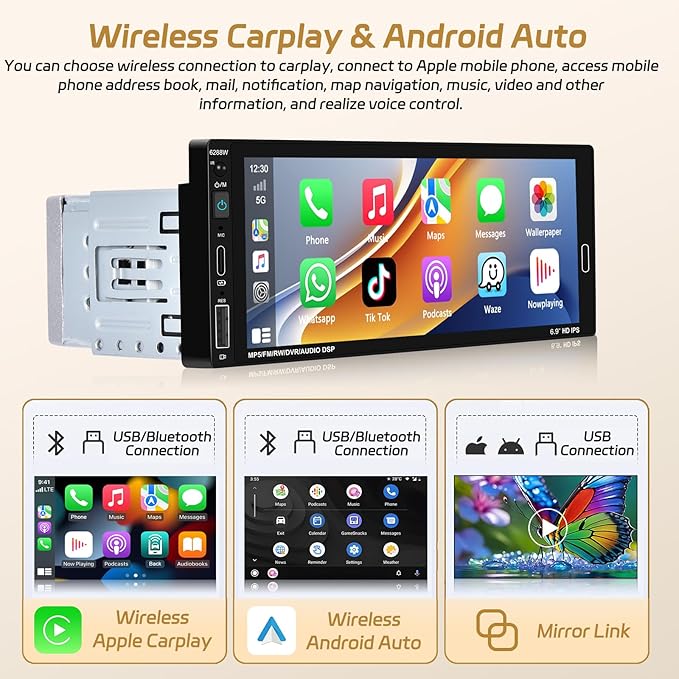 6.86 Inch Wireless CarPlay Car Stereo, Touch Screen Android Auto Radio with Mirror Link, Single Din Bluetooth 5.0 Audio Receiver with FM/RDS, EQ, Power-Off Memory,TF/USB/SWC + Rear View