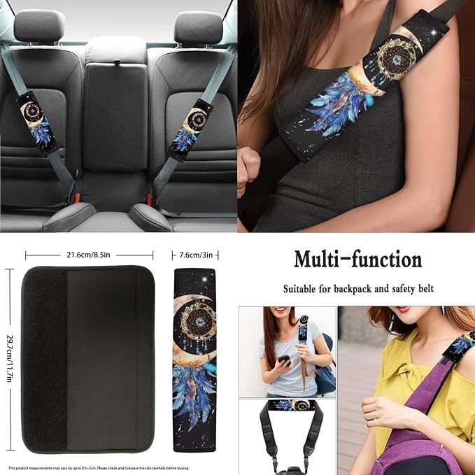 8 Pcs Moon Star Car Seat Covers Full Set Car Accessories for Women Front Seat Cover Steering Wheel Armrest Cover Seat Belt Cover for Auto SUV Interior Decoration