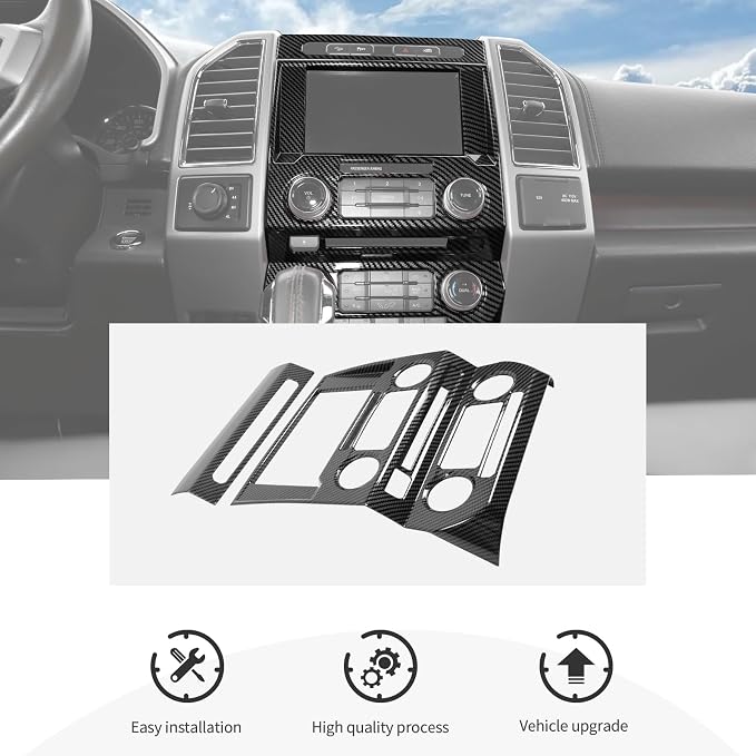 CheroCar Black Carbon Fiber Central Control Navigation & Emergency Light Control Panel Trim Cover Kit Fit for Ford F150 2015-2020 Hazard Light Switch & GPS Screen Surround Decorative Bezels