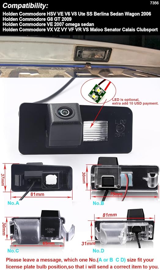 HD Auto License Plate Light Rear View Reversing Backup Camera Parking Compatible with Holden Commodore HSV VE V6 V8 Ute SS Berlina Sedan Wagon/G8 GT/omega/VX VZ VY VF VR VS Maloo Senator (A(81*37MM))