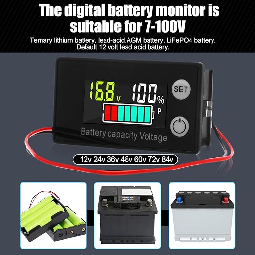 Kingdder 4 Pack Digital Battery Monitor for Golf Cart 8-100v, 12v 24v 36v 48v 60v 72v, LCD Display with Capacity Alarm & Temperature Sensor for Marine Boat/Car/Motorcycle Lithium Lead Acid Batteries