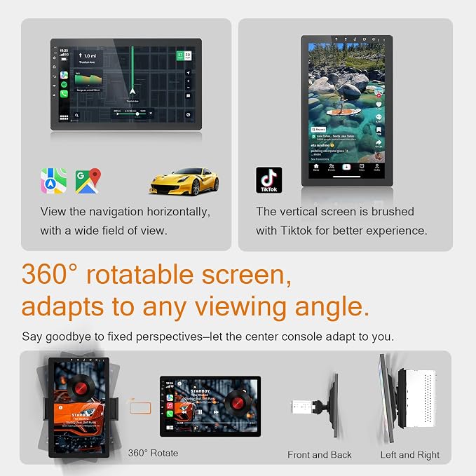 Haudio 10.1 Inch Single Din 360° Rotatable Car Stereo,Support Wireless CarPlay and Android Auto,with 1080P Rear Camera,Mirror Link|Bluetooth|Music Play|AUX|FM/AM|SWC|RDS,Single DIN Car Stereo Radio