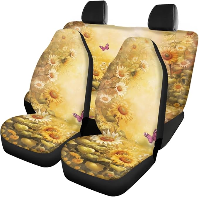 18 PCS Butterfly Sunflower Car Interior Accessories Set for Women, Car Seat Covers with Steering Wheel Cover Floor Mats Armrest Pad Seat Belt Pads Roof Handle Wraps Cup Coaster Keychain