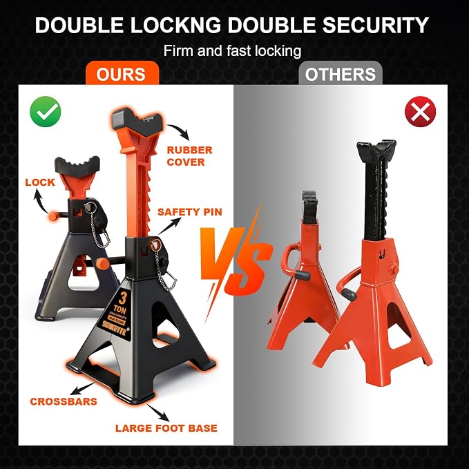 3 Ton (6,600 LBs) Jack Stands with Crossbars,Double Pin Locking,Rubber Cover,Large Foot Base,12"-16" Adjustable Height,Heavy Duty Car Jack Stands,Lifting SUV,MPV,Pickup Truck,ATV/UTV,2 Pack
