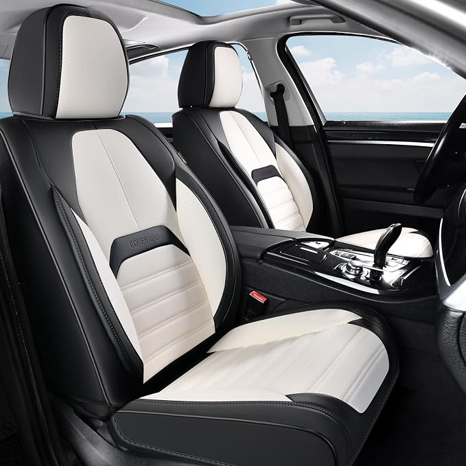 Coverado Waterproof Nappa Leather Car Seat Covers, Automotive Seat Covers，Front Car Seat Cushion & Car Seat Protector, Seat Covers Universal Fit for Most Cars, SUVs,Trucks,Black&White