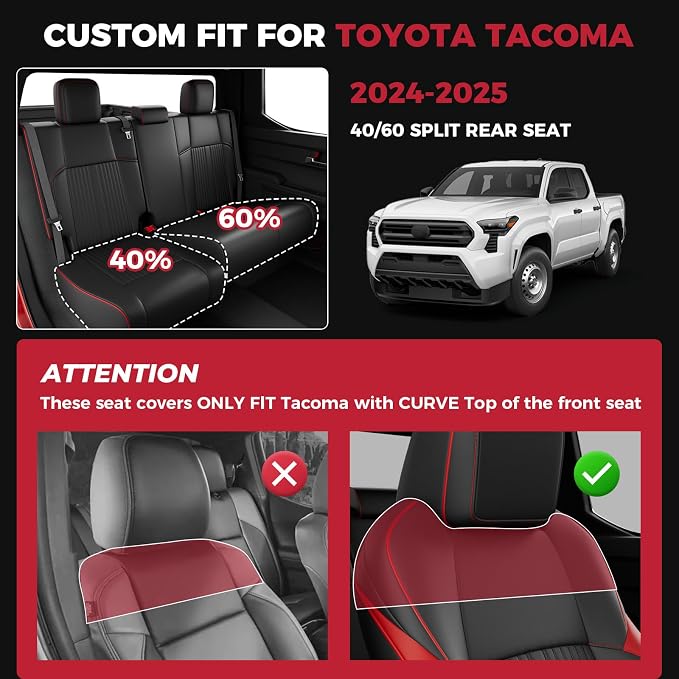 FREESOO Custom Fit Leather Tacoma Seat Covers Full Set Gen 4Th 2024-2026 Double Cab, for Sr/Sr5/Trd Prerunner/TRD Sport/TRD Off-Road/Limited, Seat Covers for Tacoma (5 Seats, BlackRed)