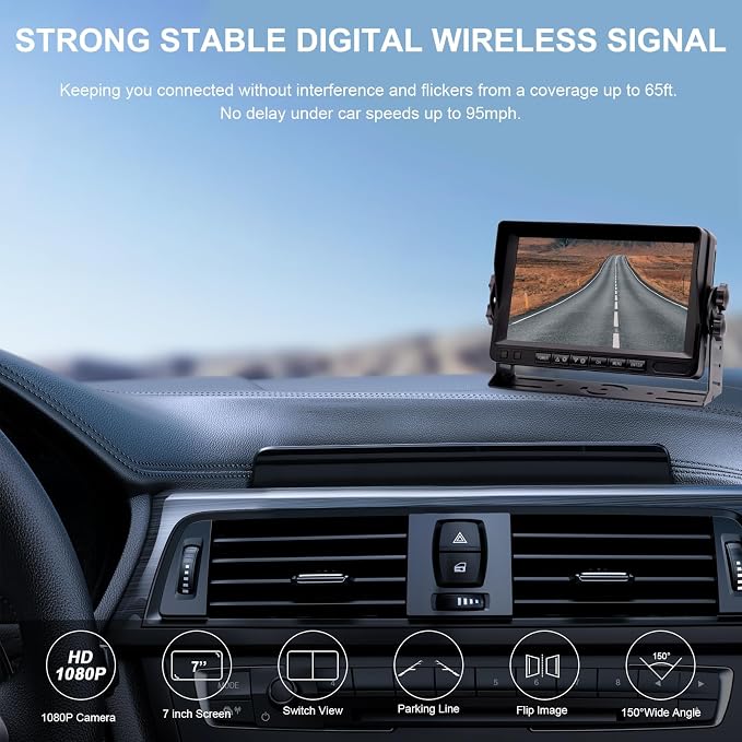 Wireless Backup Camera Digital Signal 7'' Plug and Play: Pre-Wired for Furrion System Rear View Camera HD 1080P Night Vision Waterproof Reverse Cam Monitor for RV Trailer Camper Van Car