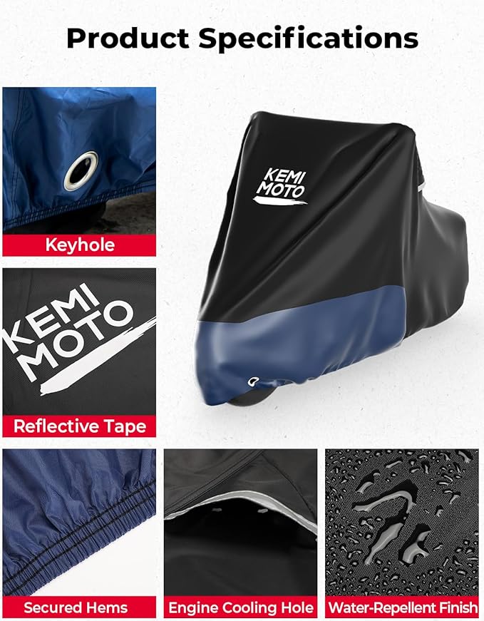 KEMIMOTO Heavy Duty 420D Motorcycle Cover Waterproof Compatible with Sportster Iron 883 Shadow Vulcan S Boulevard S40 Rebel 300 500 1100 Rain Snow Dust All Weather Cover with Lock Hole Storage Bag Fit
