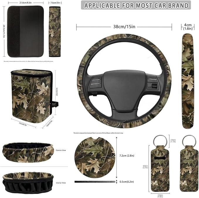 Camouflage Oak Tree 12-Pack Universal Fit Car Seat Cover Set - Front & Rear Cushion Covers, Steering Wheel Cover, Seat Belt Mats, Car Trash Can, Coasters & More for Cars, Vans, SUVs