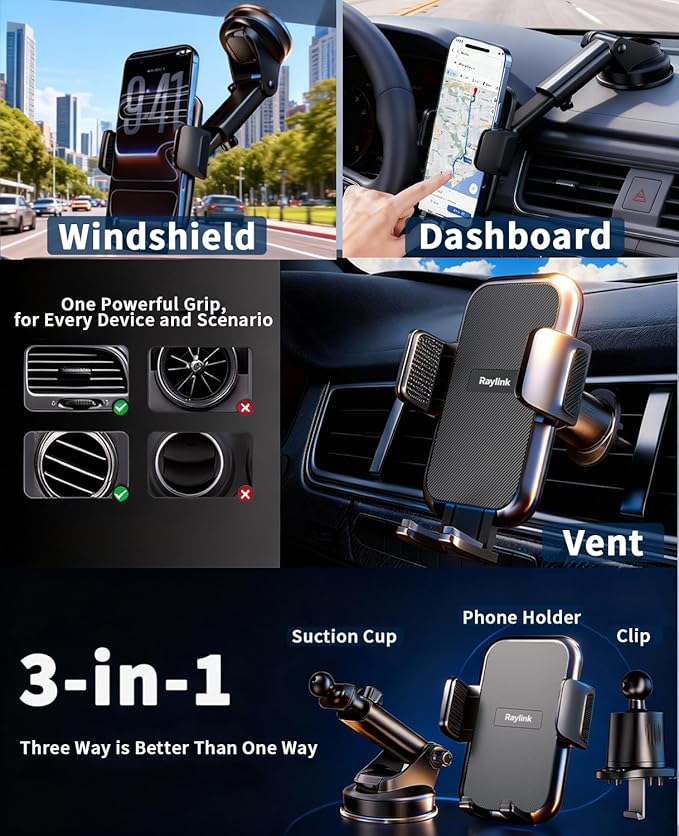 RayLink【122+LBS Strongest Suction & Military-Grade Ultimate Car Phone Holder【Patent & Safety Certs】 Cell Phone Mount Truck Stand for Dashboard Windshield Vent for iPhone 17 Pro Max 16 15 Samsung