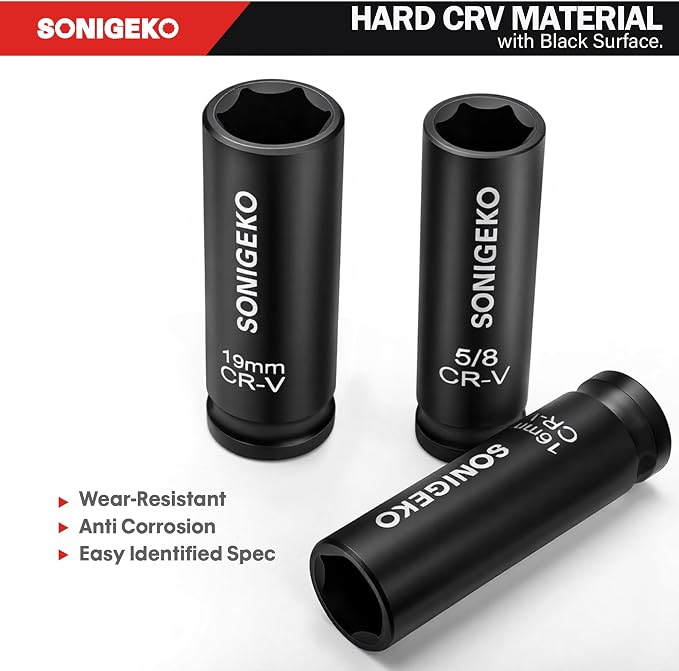 29-Piece 1/2" Drive Impact Socket Set, 6-Point Deep Standard SAE & Metric (3/8"-1", 10mm-24mm),CR-V Steel Sockets with 3", 5", 10" Extension Bars and Storage Case