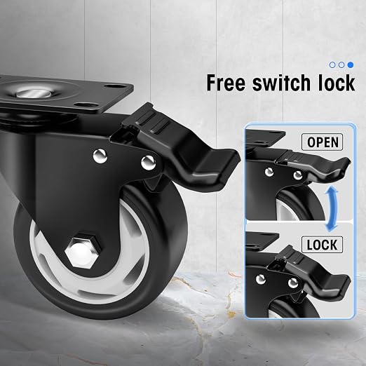 3" Swivel Plate Casters, 1000Lbs Capacity with Brake | Black, 4-Pack, PU Wheels, Double Ball Bearings, Quiet & Non-Marking, for Workbenches & Carts