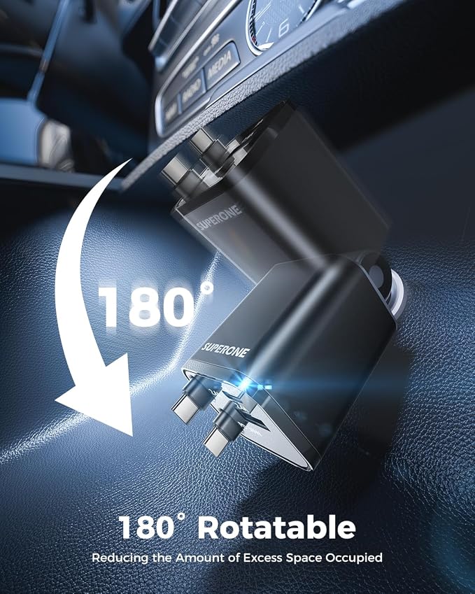 SUPERONE Retractable USB C Car Charger, Phone Car Charger Fast Charging with Dual Type C Cable, Car Accessories Small USBC Car Adapter